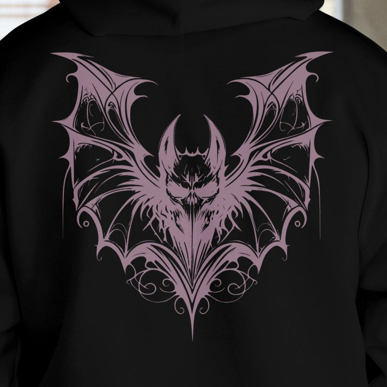 Close Up - Back View
Black hoodie with an amazing, purple bat design on the back