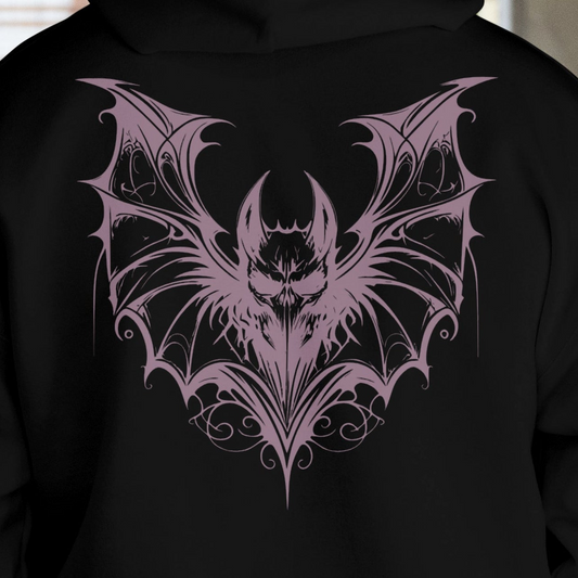 Close Up - Back View
Black hoodie with an amazing, purple bat design on the back