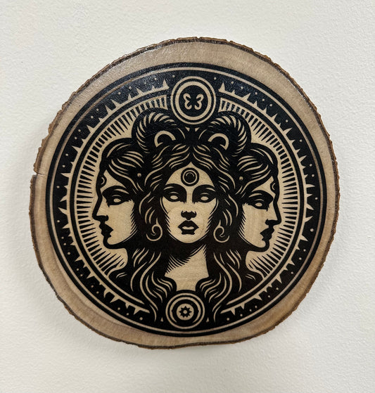 Close Up
Close-up detail of Lilith symbol laser engraving on birch wood round