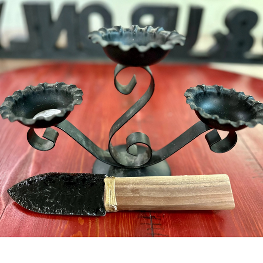 Hand-chipped obsidian knife with cherry wood handle. Blunted decorative display piece. Ancient craftsmanship meets natural elegance. Unique collector's item.