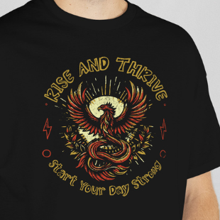 Close Up - Front View
Man wearing a black t-shirt with a phoenix design, text 'Rise and Thrive' on a plain background