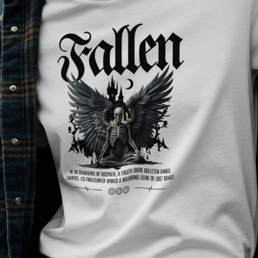 Close Up front view
White t-shirt with 'Fallen' graphic design featuring a skeleton and wings.