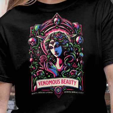 Close Up - Front View
Black t-shirt with 'Venomous Beauty' graphic design featuring a colorful woman's face and text.