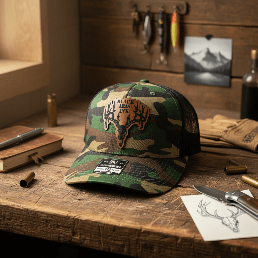 Lifestyle Black Iris Ink Trucker Hats - Camo (Deer Skull Logo)"