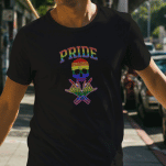 Front View
Person wearing a black t-shirt with a rainbow pride design.