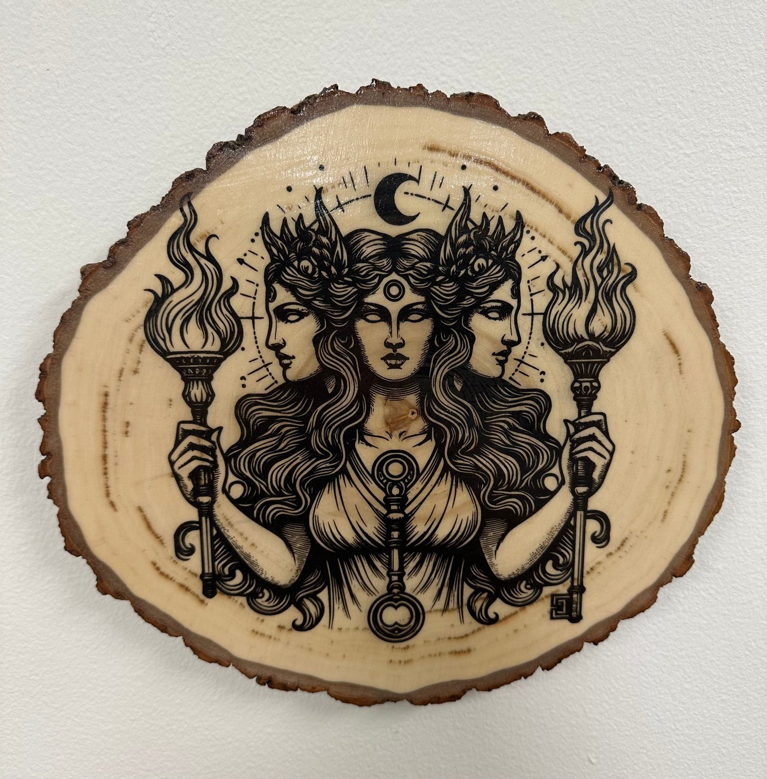 Greek Hecate Laser Engraved on a Birch Wood Round 