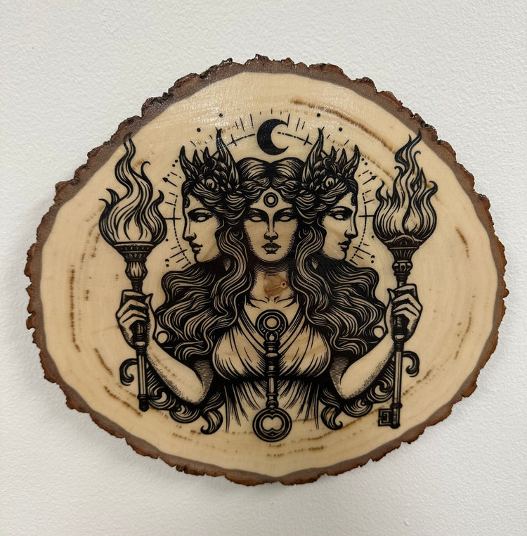 Greek Hecate Laser Engraved on a Birch Wood Round 