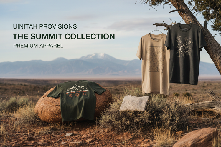 Two Custom Designed Premium DTF T-Shirts Hanging on a tree Branch with a mountain Scene in the background. 