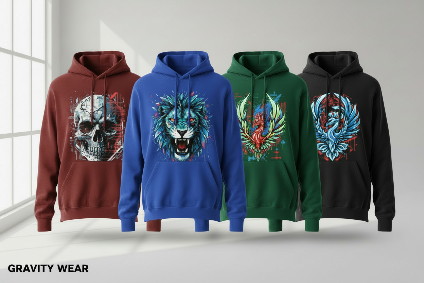Front view- Premium Graphic hoodies multiple Colors, Hoodies on display 
