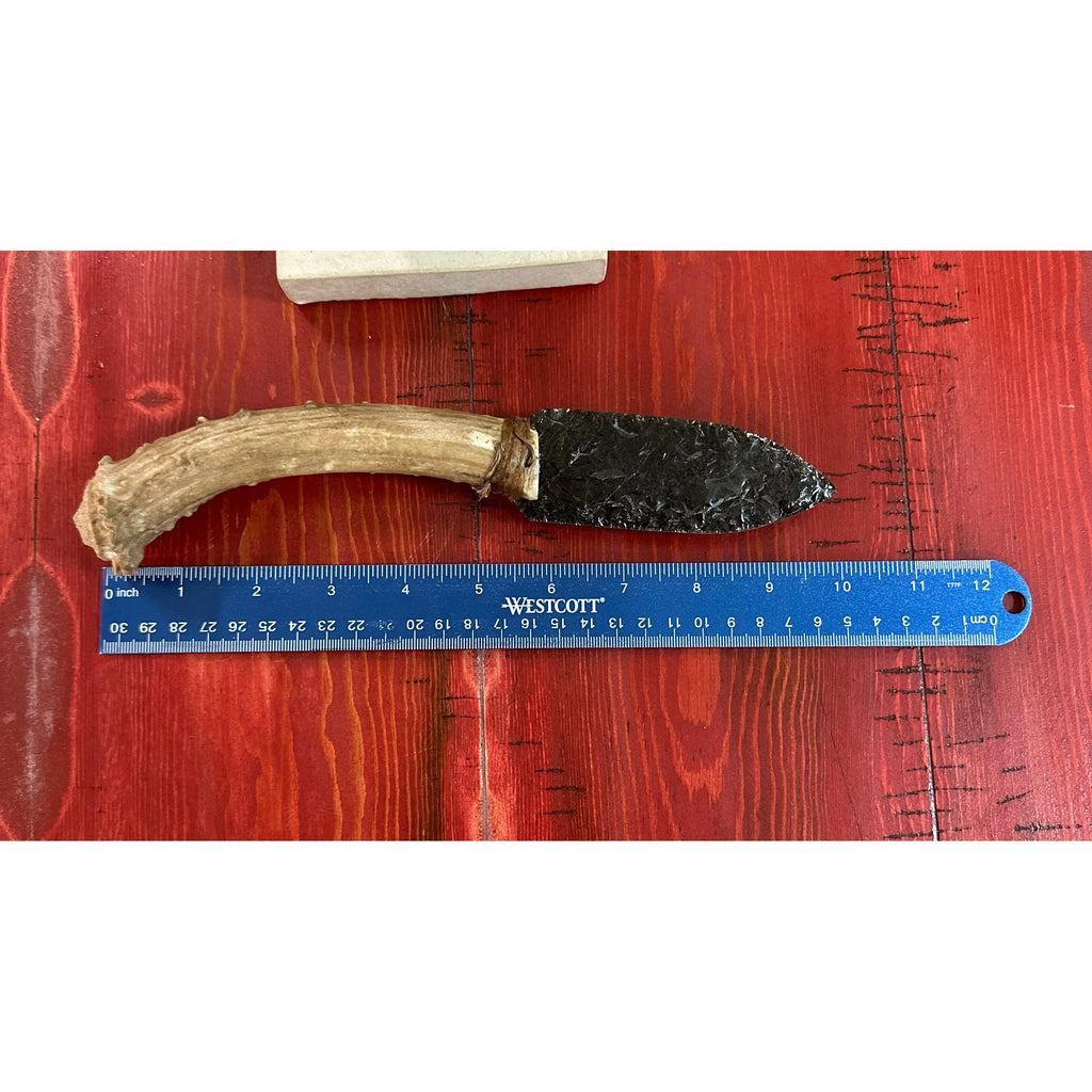 Front View with Ruler antler handle obsidian knife collectible -1