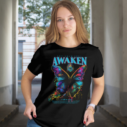 Front view -on a model
Person wearing a black t-shirt with a colorful butterfly design and 'Awaken Your Soul' text.