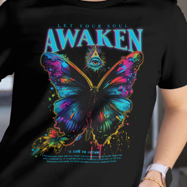Close Up - Front View
Black t-shirt with a colorful butterfly design and text 'Let Your Soul Awaken' on a plain background.
