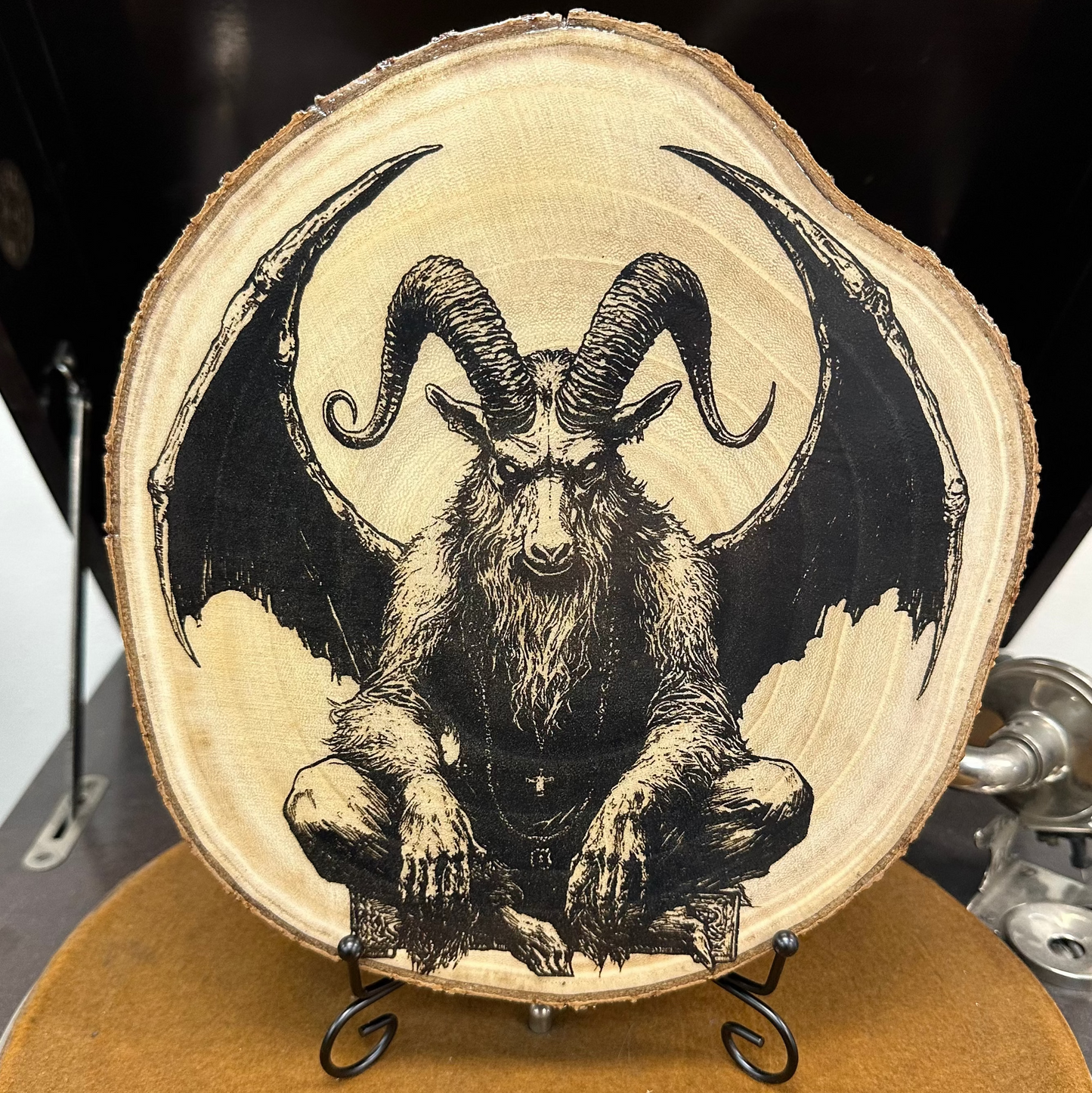 Close Up - Front View with stand
Gargoyle guardian laser engraved birch wood round Gothic home décor