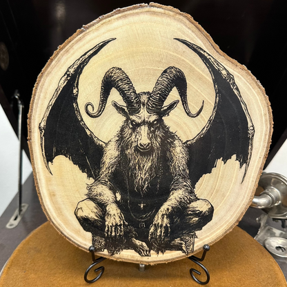 Close Up - Front View with stand
Gargoyle guardian laser engraved birch wood round Gothic home décor