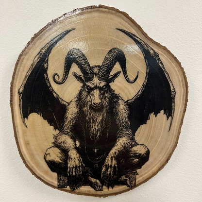 Close Up - Front Top  View
Close-up detail of gargoyle guardian laser engraving on birch wood round