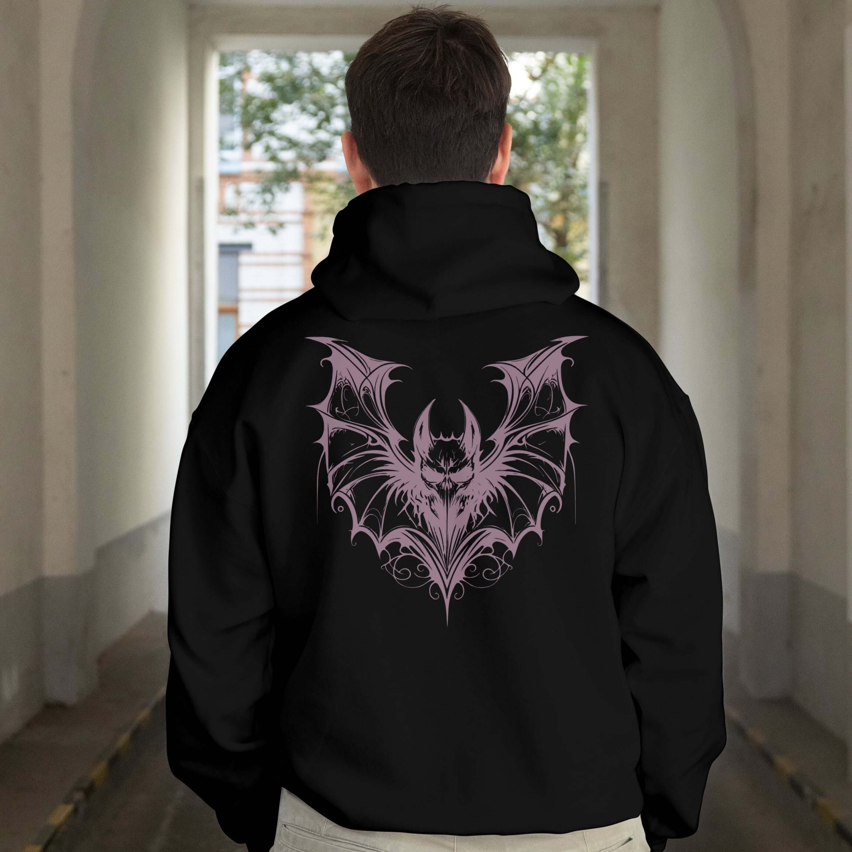 Back View Black heavyweight 13 oz. Hoodie with original design 