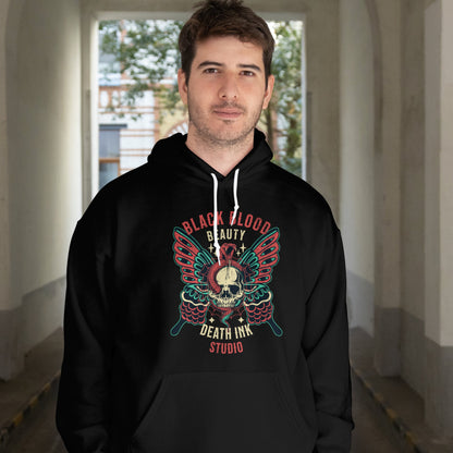 Front View
Man wearing a black hoodie with a colorful graphic design, text Black Blood ' in an indoor setting