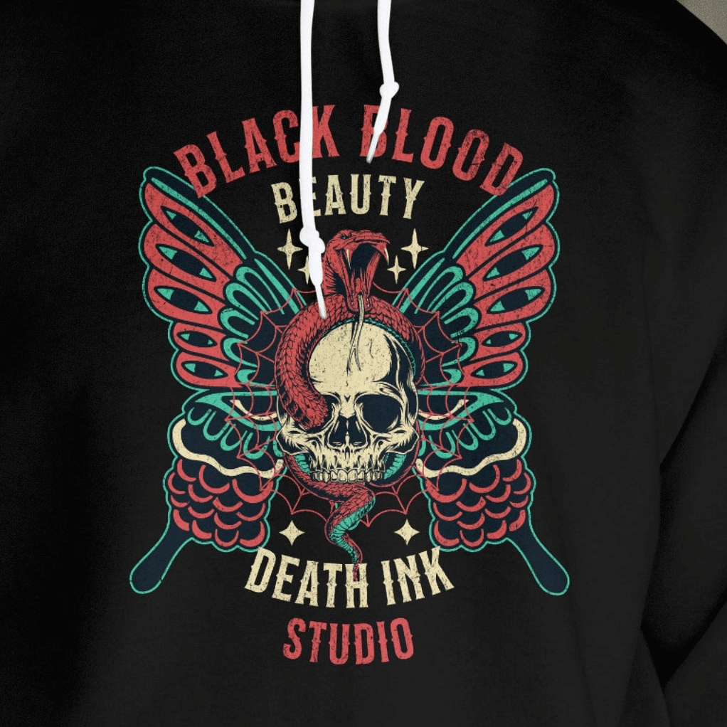 Front View close up Heavyweight Black Blood Hoodie