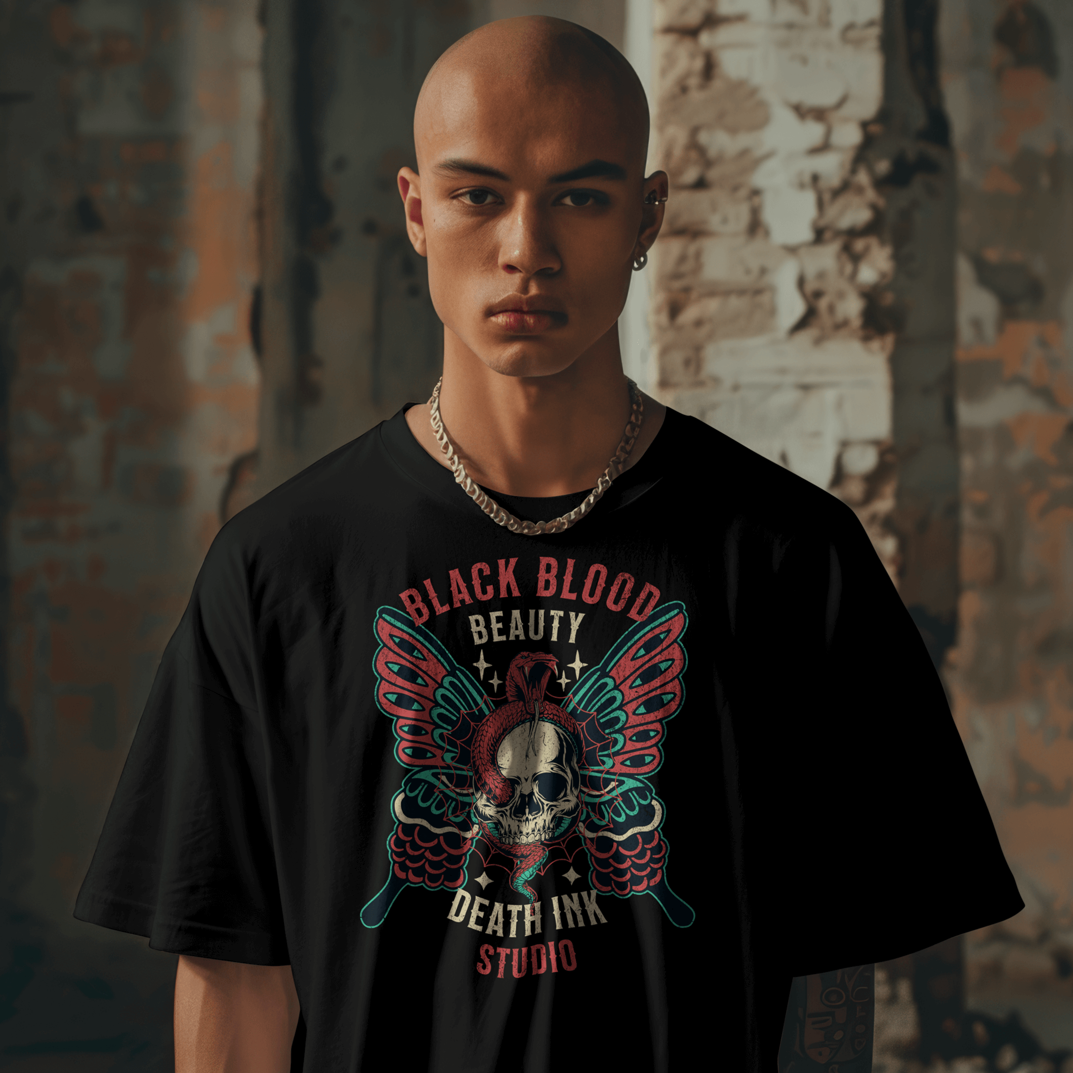 Lifestyle Front view Black Ink tattoo t-shirt