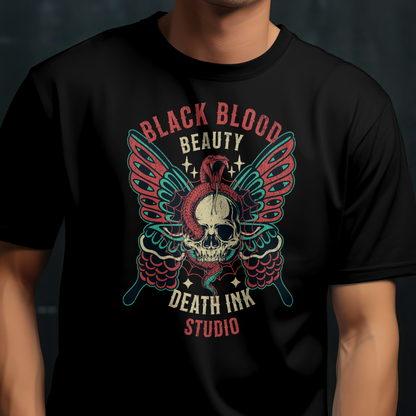 Person wearing a black t-shirt with a colorful graphic design and text.