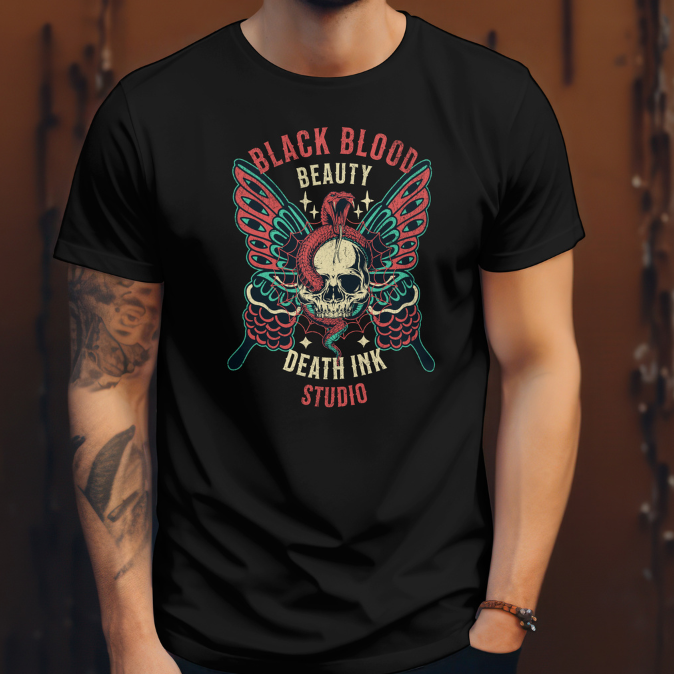 Front View on a model
Person wearing a black t-shirt with a graphic design 'Black Blood Ink'  and text.