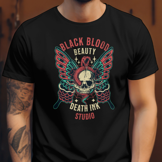 Person wearing a black t-shirt with a graphic design and text.