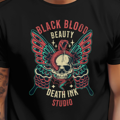 Close Up - Front View
Black t-shirt with a skull and butterfly design and text  Black Blood on a person wearing it.