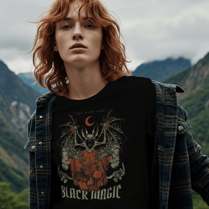 Front View on a model
Person wearing a black t-shirt with a graphic design and text, Black Magic, standing against a mountainous landscape.