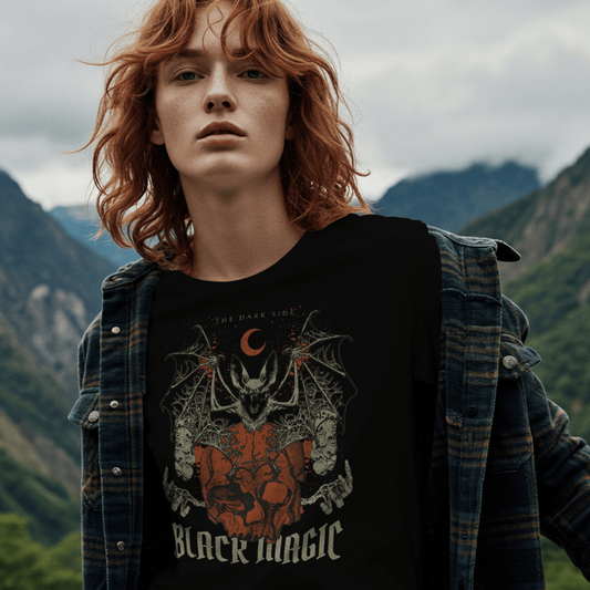 Front View on a model
Person wearing a black t-shirt with a graphic design and text, Black Magic, standing against a mountainous landscape.