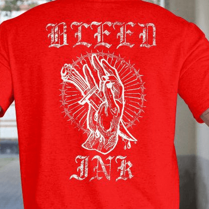 Red Bleed Ink T-Shirt Tattoo Inspired featuring bold artwork of a bleeding hand.