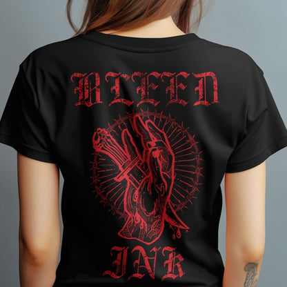 Back View
Person wearing a Black t-shirt, with red 'Bleed Ink' design on back.
