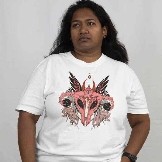 Close Up - Front View 
Person wearing a white t-shirt with a graphic design 'Celestial Goddess' on a plain background