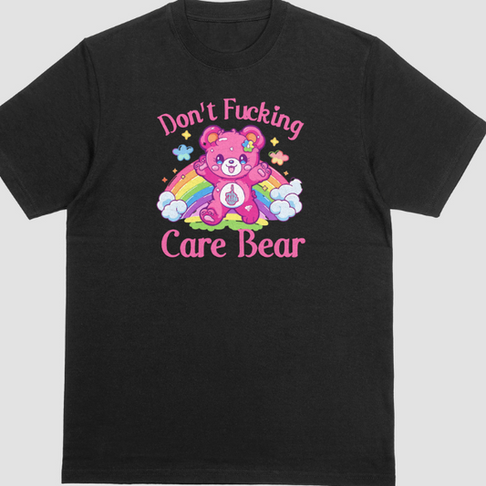Front View
Black t-shirt with a graphic of a Care Bear and text "Don't Fucking Care Bear" on a white background