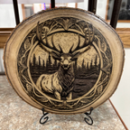 Close-up detail Elk Laser Engraved Wood Home Decor Rustic Wildlife Nature on a stand 