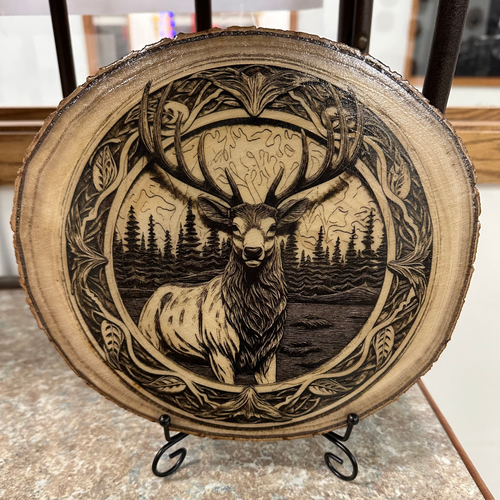 Close-up detail Elk Laser Engraved Wood Home Decor Rustic Wildlife Nature on a stand 