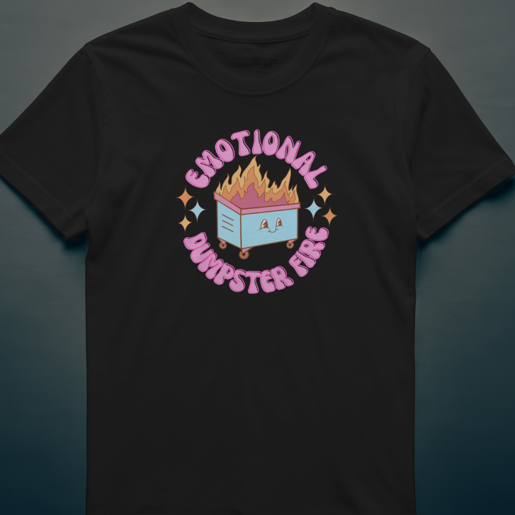 Front View 
Black t-shirt with colorful graphic design on a dark background Dumpster Fire