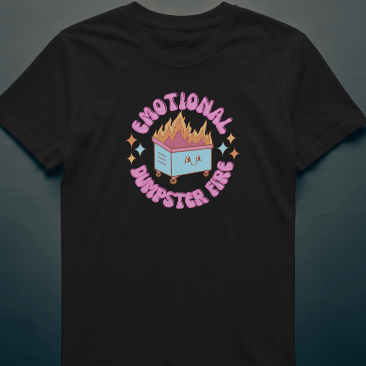 Front View Black Emotional Dumpster Fire t-shirt