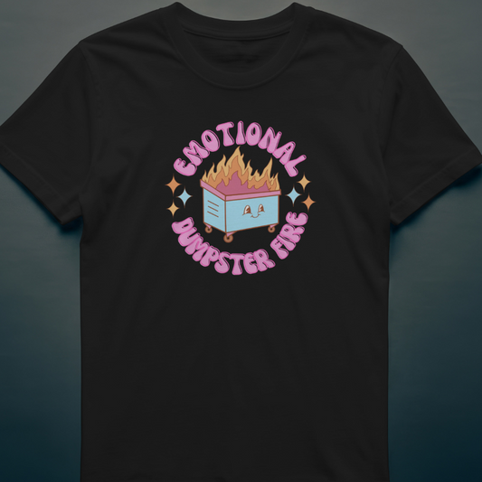 Front View 
Black t-shirt with colorful graphic design on a dark background Dumpster Fire
