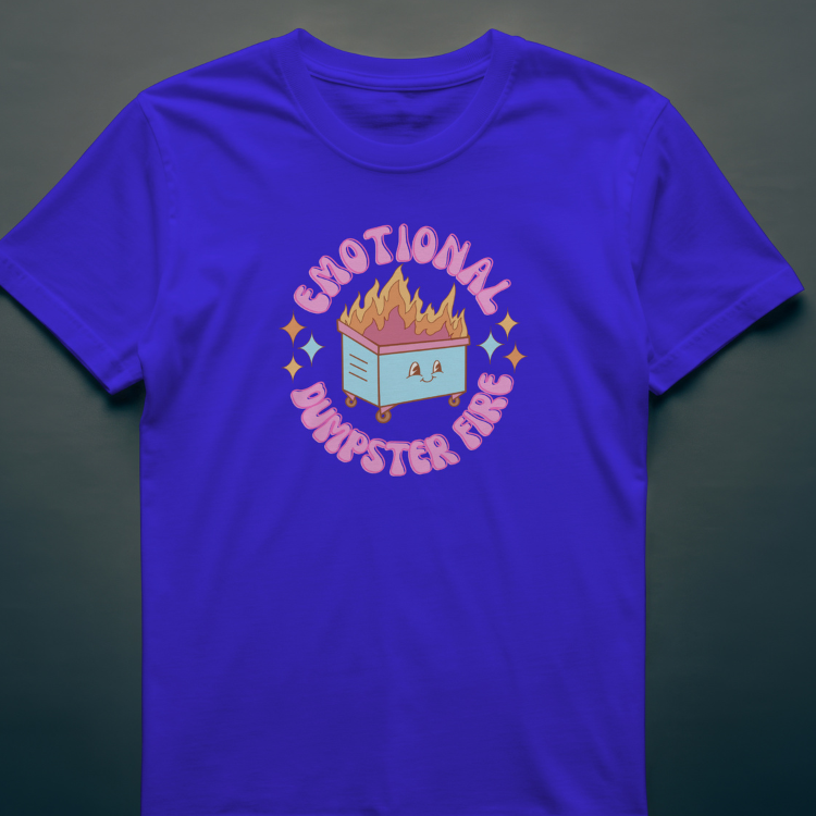 Front View
Purple t-shirt with 'Emotional Dumpster Fire" graphic design on a dark gray background