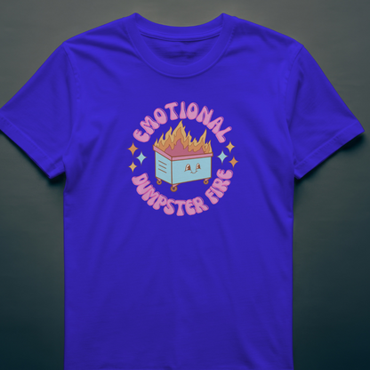 Front View
Purple t-shirt with 'Emotional Dumpster Fire" graphic design on a dark gray background