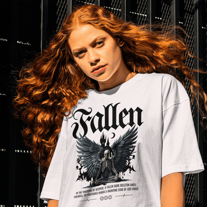 Person wearing a white 'Fallen' t-shirt with an angel design against a black background.