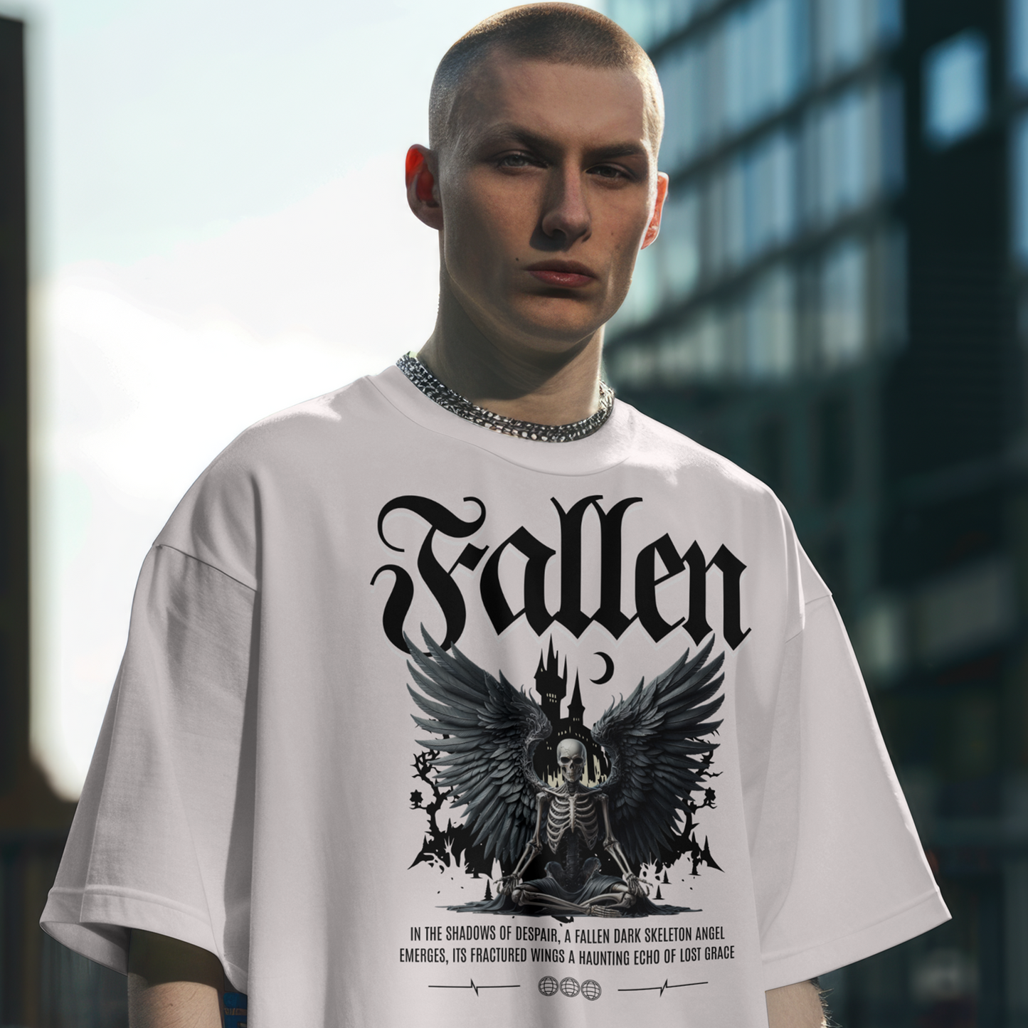 Person wearing a 'Fallen' t-shirt with an eagle design in an urban setting