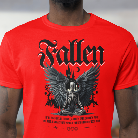 Red t-shirt with 'Fallen' graphic design featuring a skeleton and wings, worn by a person.