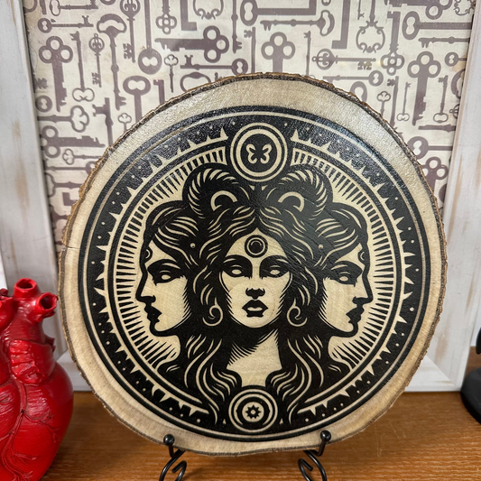 Close Up - Front View on a stand
Greek Hecate Coin - Laser Engraved Birch Wood Round. 9-10 Inch Home Decor.