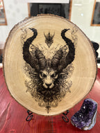 Close Up - Front View laser engraved birch wood decor Kamira on a stand 