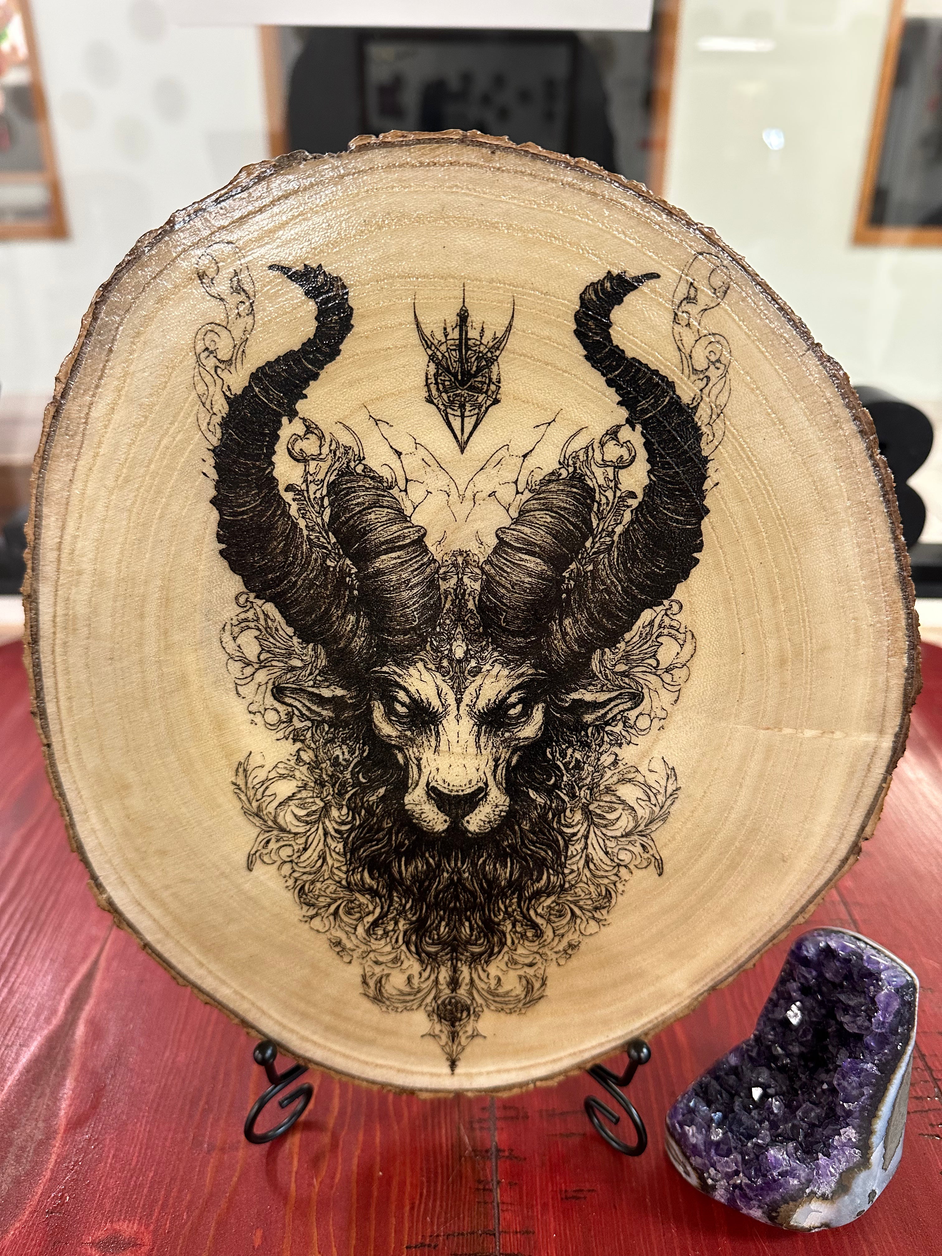 Close Up - Front View laser engraved birch wood decor Kamira on a stand 