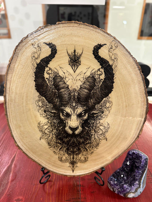 Close Up - Front View laser engraved birch wood decor Kamira on a stand 