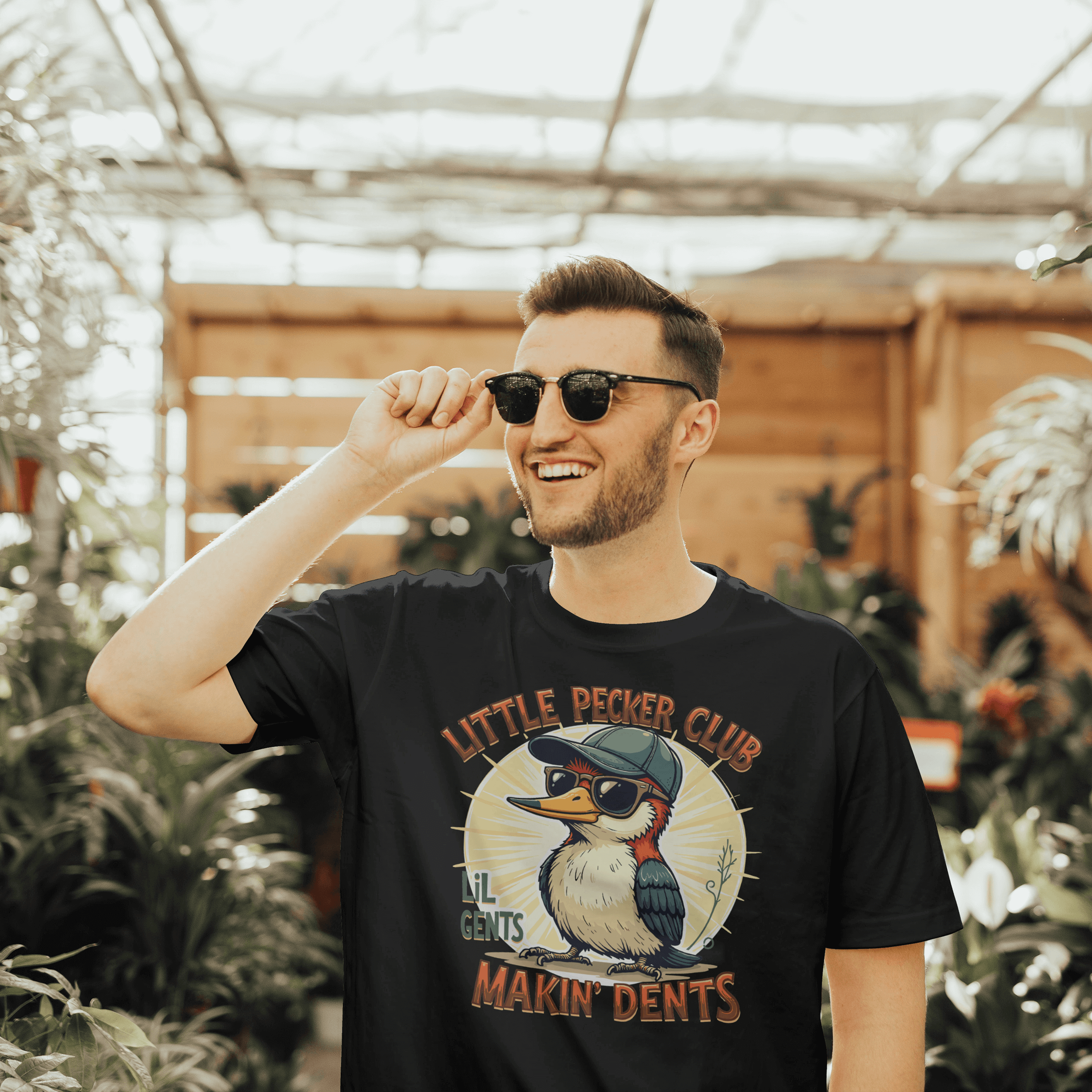 Distant Front view Black Little Pecker club T-Shirt 
