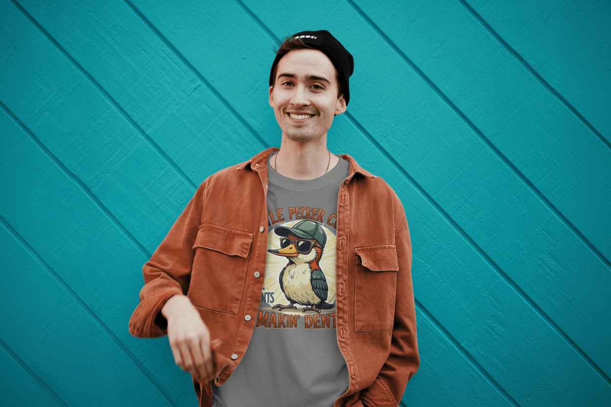 man standing agains a teal back ground with little pecker shirt on