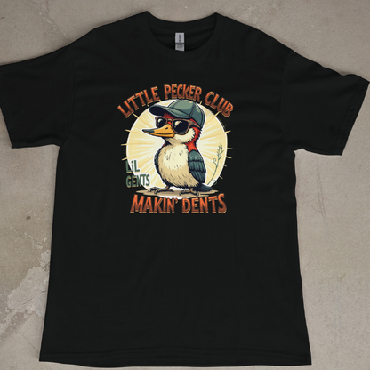 Front View
Black t-shirt with a graphic of a Wood Pecker and text Little Pecker Club on a concrete floor